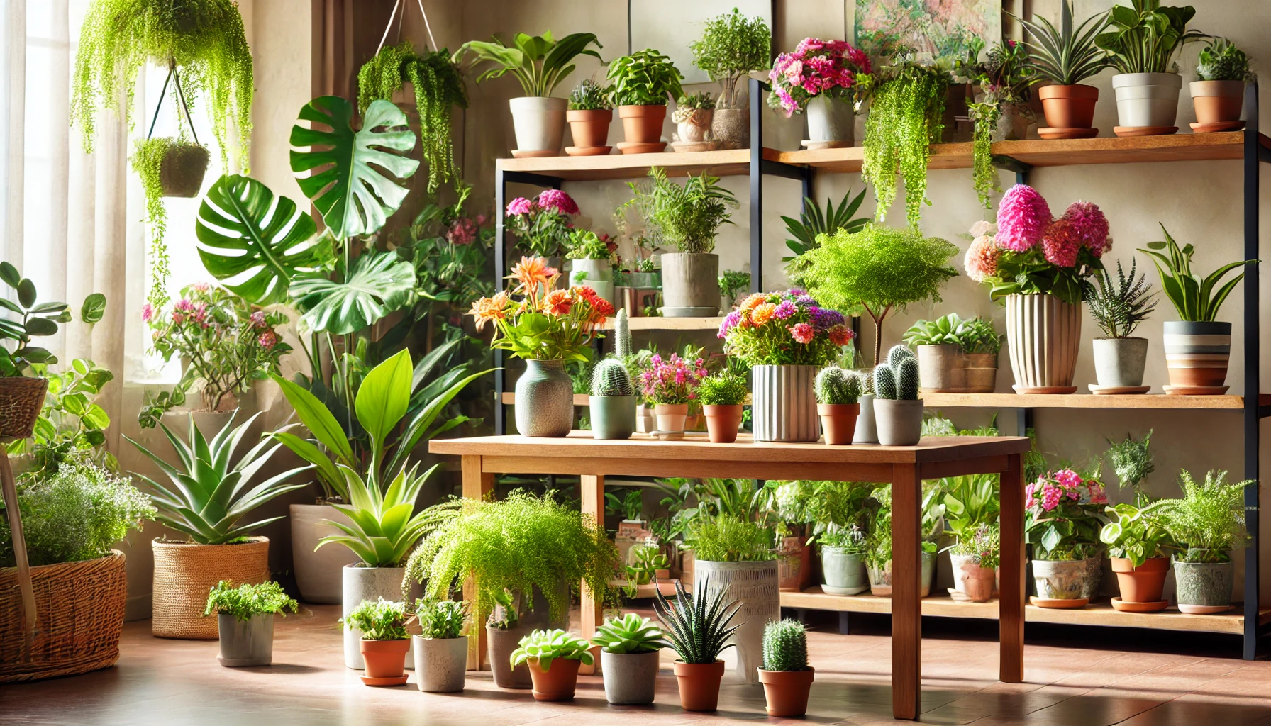 مشکلات گلهای آپارتمانی در محیط داخلی، با گیاهان آپارتمانی متنوع در گلدان‌های رنگارنگ، شامل سرخس‌ها، ساکولنت‌ها و گیاهان گل‌دار که به زیبایی بر روی قفسه‌ها و میزها چیده شده‌اند.