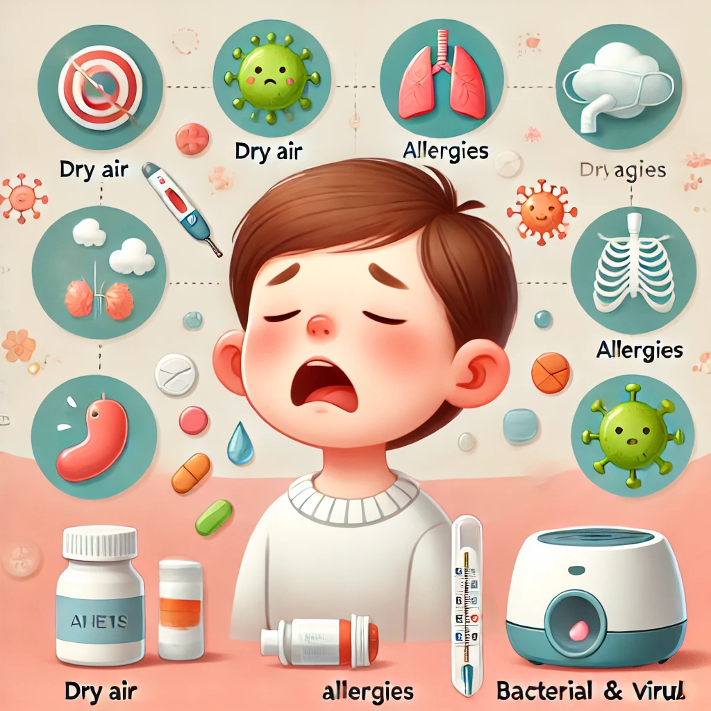 دلایل گلودرد کودکان، شامل هوای خشک، آلرژی، عفونت‌های باکتریایی و ویروسی