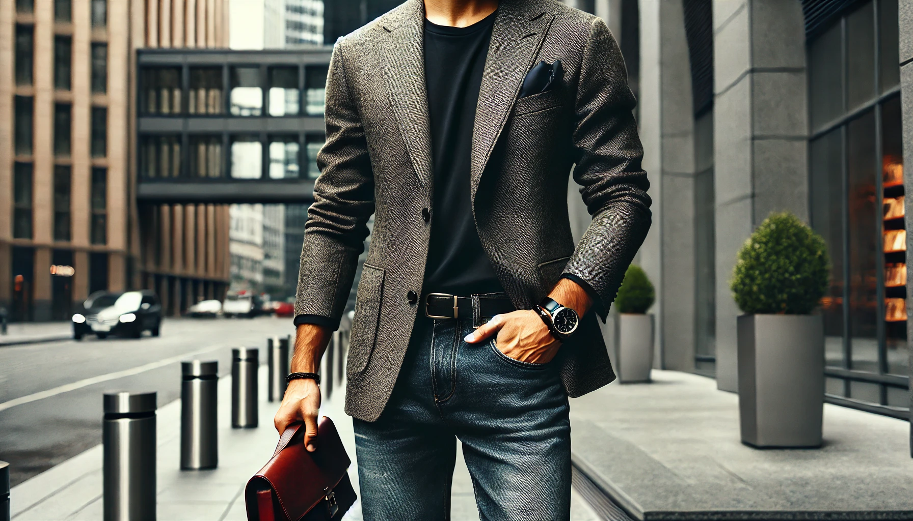 سبک کژوال اسمارت با ترکیب بلیزر، شلوار جین و کفش لوفر در محیط شهری