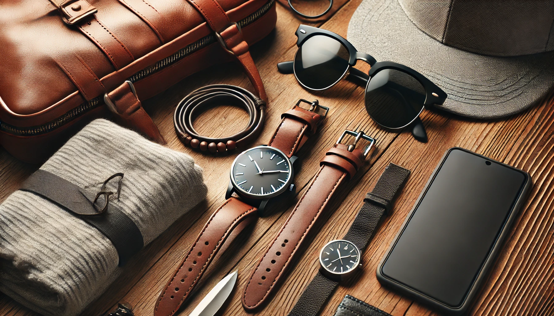 اکسسوری های استایل کژوال شامل ساعت چرمی، عینک آفتابی، دستبند مینیمال، کیف کراس‌بادی و کلاه مدرن روی سطح چوبی.