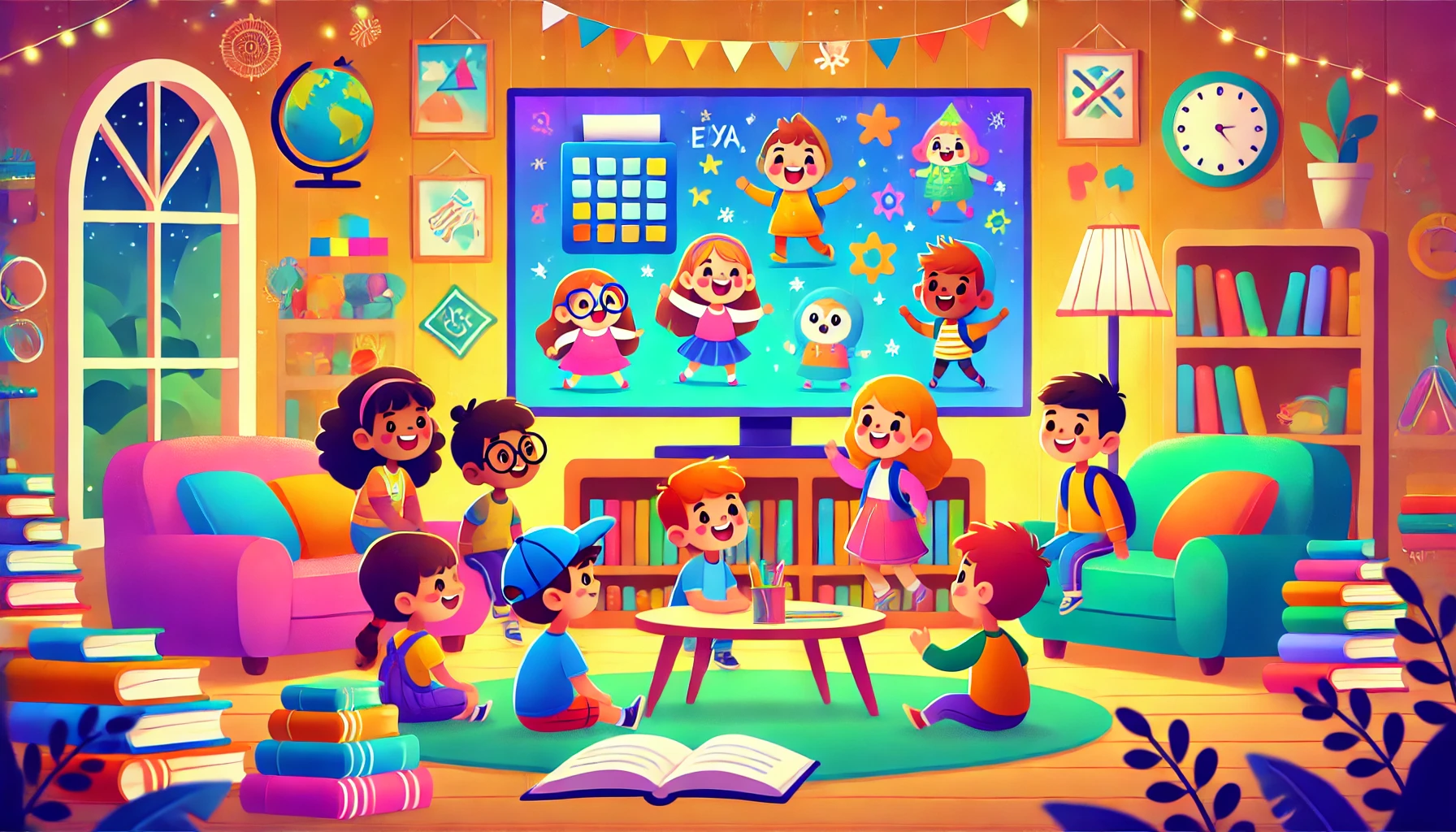 کودکان در حال تماشای کارتون های آموزشی بر روی یک صفحه نمایش بزرگ در یک اتاق نشیمن دنج.