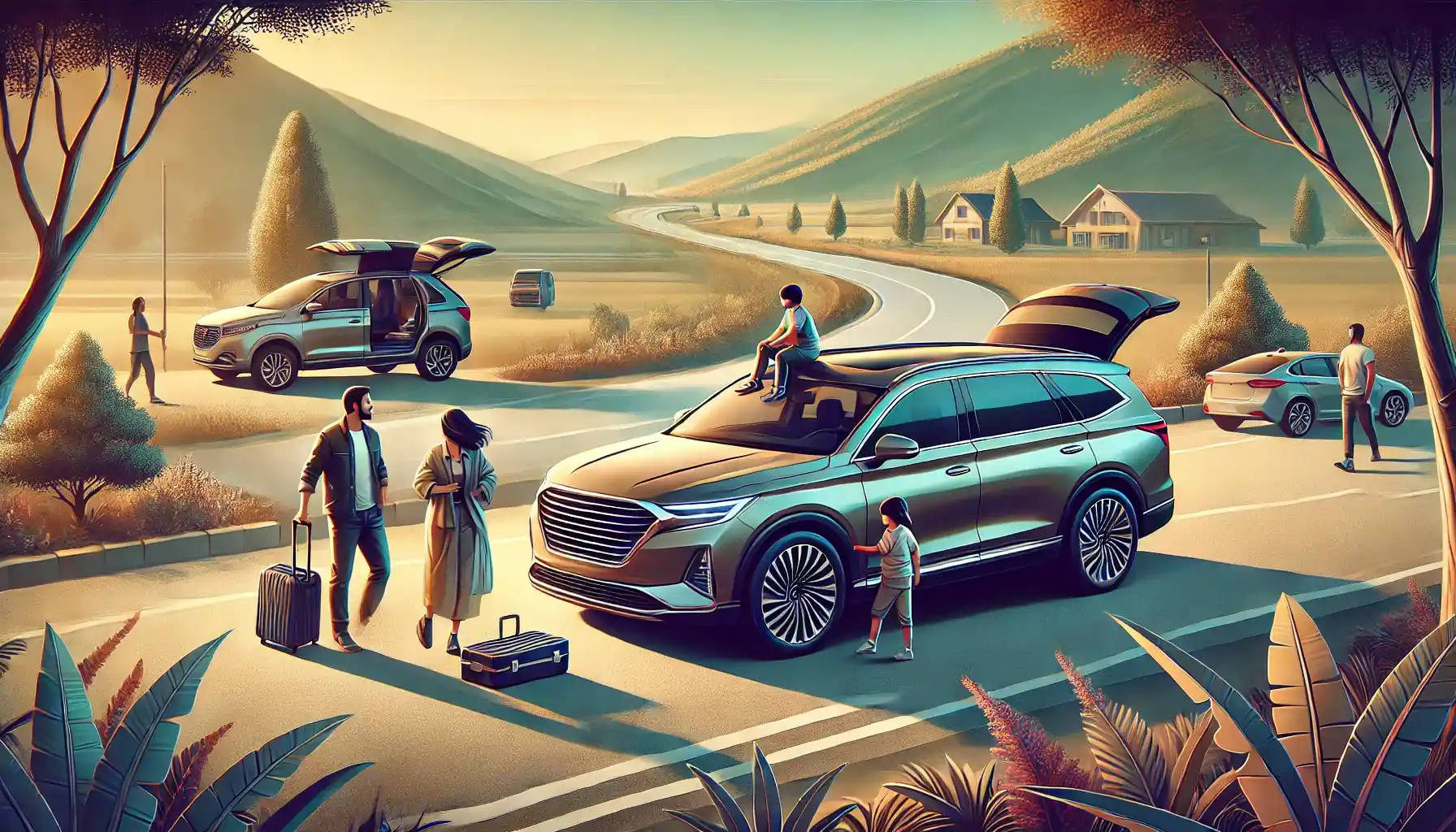 خودروی خانوادگی مدرن در ایران، پارک‌شده در کنار جاده‌ای زیبا با خانواده‌ای که آماده سفر هستند