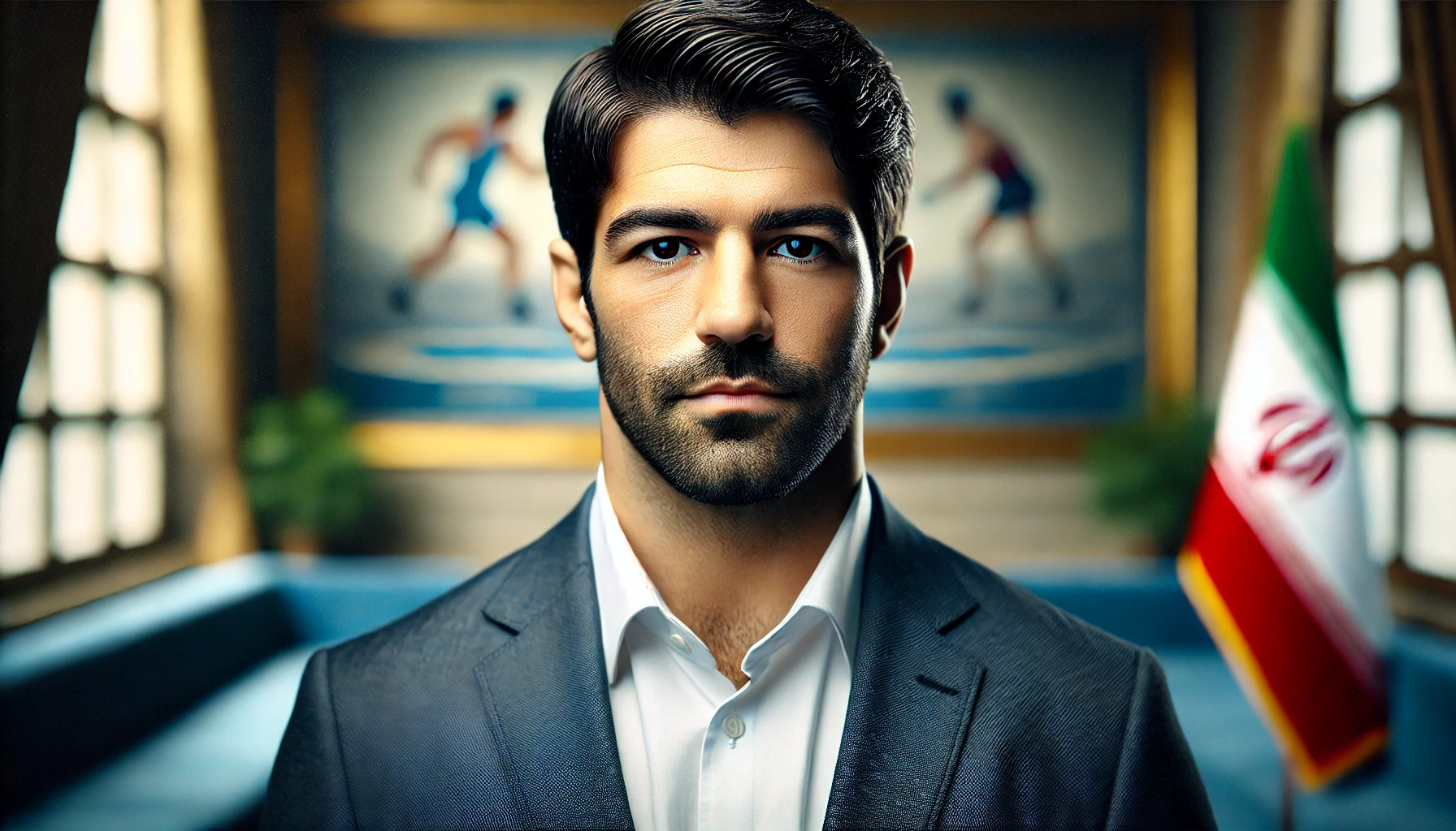 پرتره رسمی علیرضا دبیر، کشتی‌گیر برجسته و سیاست‌مدار ایرانی، که نمایانگر تأثیر او در عرصه‌های ورزشی و سیاسی است.