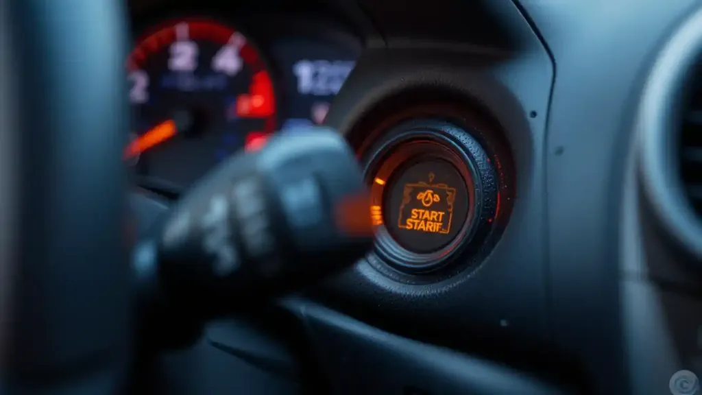 دکمه استارت در خودروی مدرن، نشان‌دهنده وضعیت روشن شدن موتور