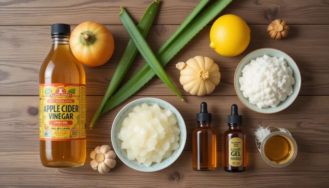 مواد طبیعی برای درمان میخچه بدون درد، شامل سرکه سیب، آلوئه‌ورا، سیر، لیمو و روغن‌ها روی سطح چوبی.