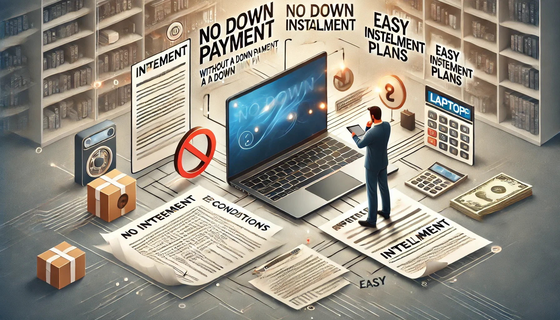 فردی در حال بررسی شرایط خرید لپ تاپ قسطی بدون پیش‌پرداخت در یک فروشگاه یا آنلاین.