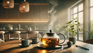 تصویر یک قوری دمنوش روی میز، مقاله ای در مورد دمنوش آرامبخش برای رفع استرس