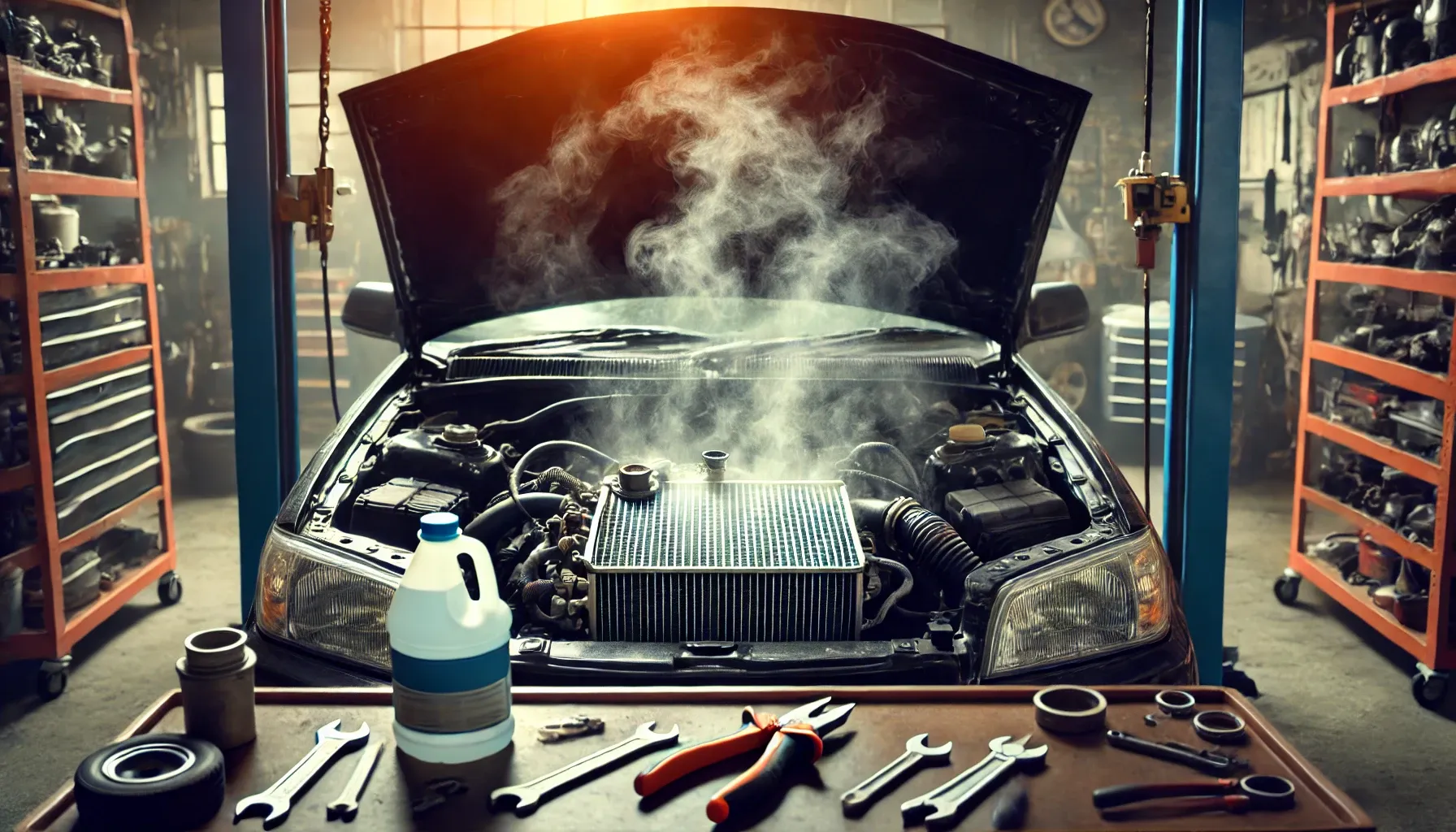 چرا آب رادیاتور ماشین کم میشه؟ تصویری از یک موتور خودرو که بیش از حد داغ شده و بخار از زیر کاپوت آن خارج می‌شود، نشان‌دهنده مشکل در سیستم رادیاتور.