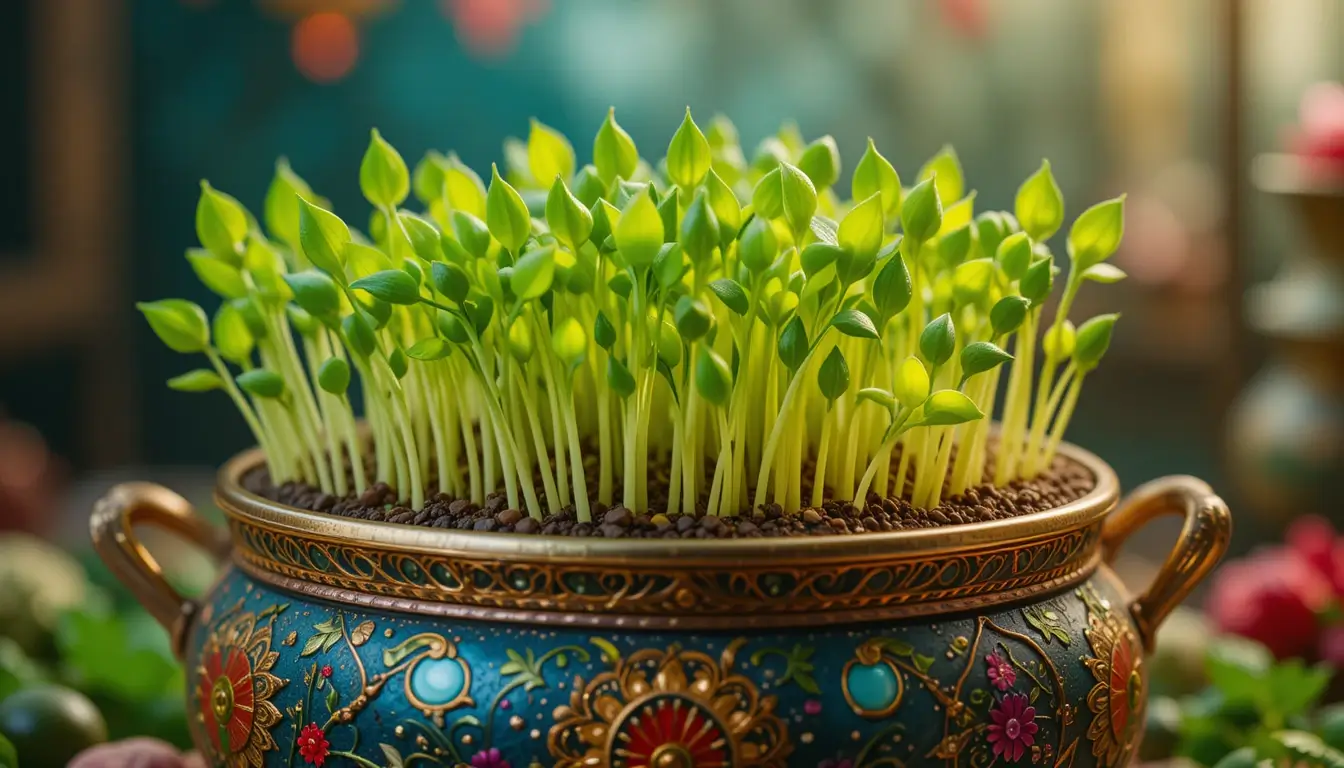 ظرفی تزئین‌شده با سبزه‌های سبز و شاداب که نماد نوروز است.در مقاله چطور سبزه عید بکاریم