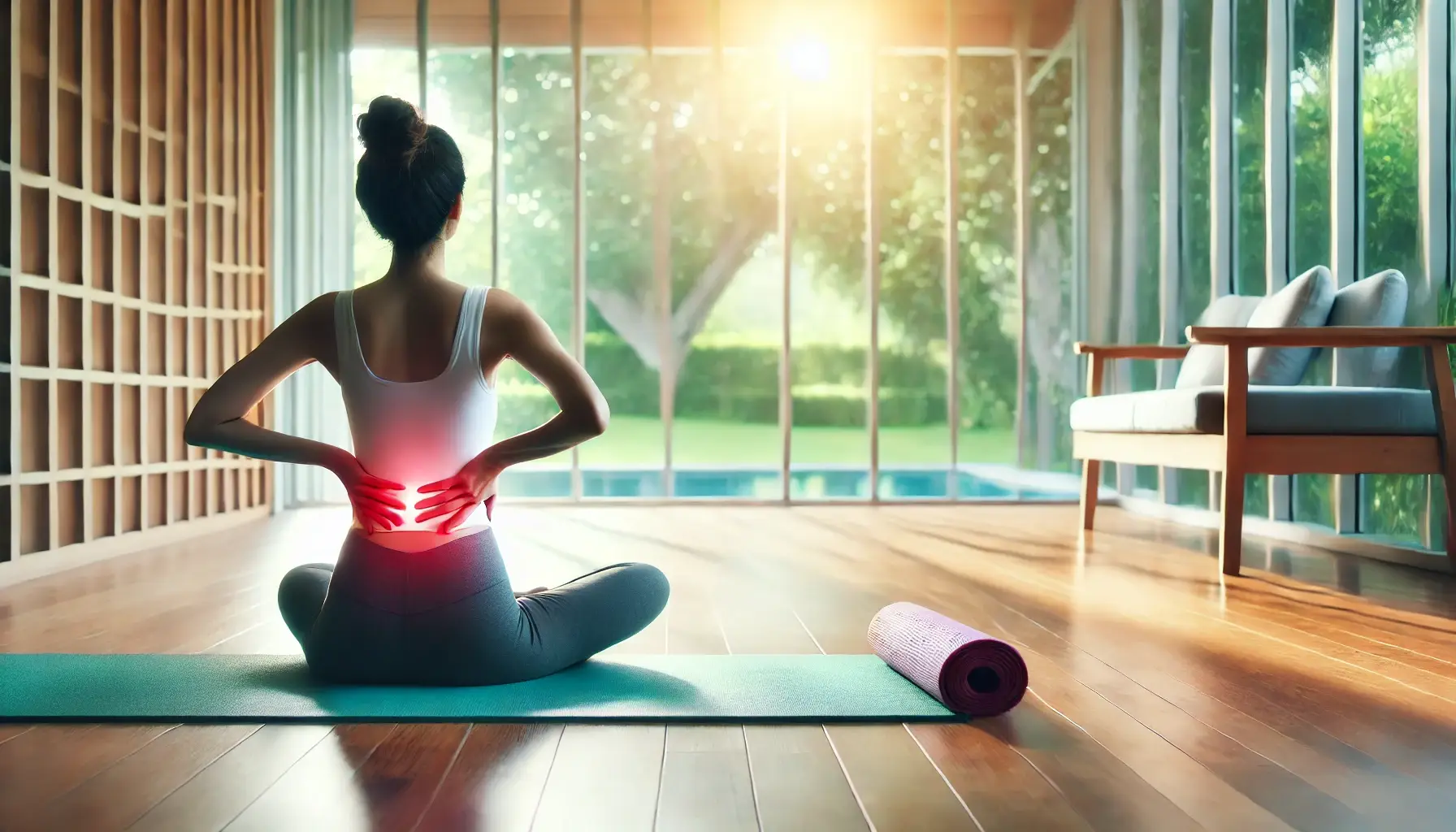 کمردرد با ورزش یوگا. تصویری از فردی که در محیطی آرام و روشن روی یک مت یوگا، تمرین‌های کاهش کمردرد مانند حرکت کبری یا کودک را انجام می‌دهد.