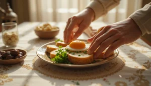"دست در حال چیدن سریع سفره افطاری با نون و پنیر، تخم‌مرغ آب‌پز، سبزی و خرما برای جواب به افطاری چی درست کنم در روزهای شلوغ