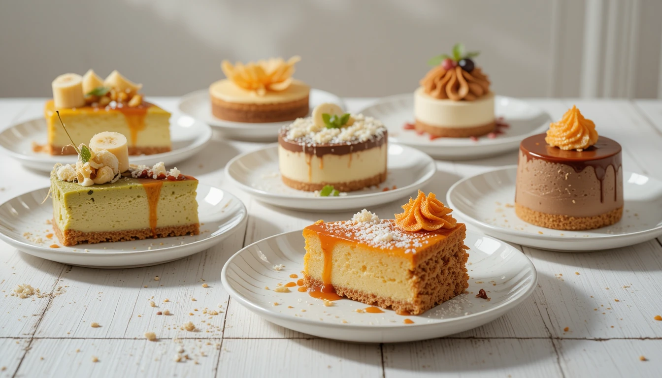 چیدمانی زیبا از دسرهای جدید سال ۱۴۰۴، شامل چیزکیک ماچا، تارت شکلات و کارامل، پاناکوتای زعفرانی، تیرامیسوی نارگیل و موس شکلات و پرتقال.