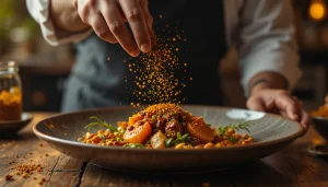 راز های خوشمزه‌ تر شدن غذا،دست سرآشپز در حال ریختن ادویه روی بشقاب غذای حرفه‌ ای