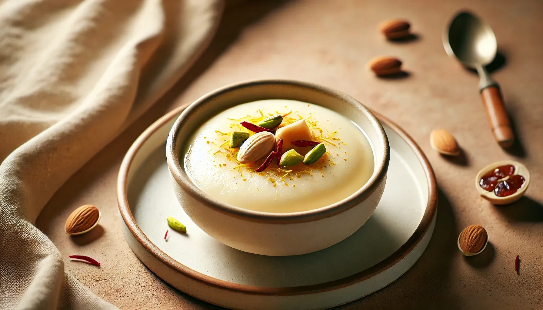 تصویر یک کاسه ساده از فرنی با گلاب و زعفران،به عنوان غذای افطاری با بافتی نرم و کرمی به همراه خلال پسته و بادام و کمی زعفران بر روی آن، در پس‌زمینه‌ای گرم و مینیمال.