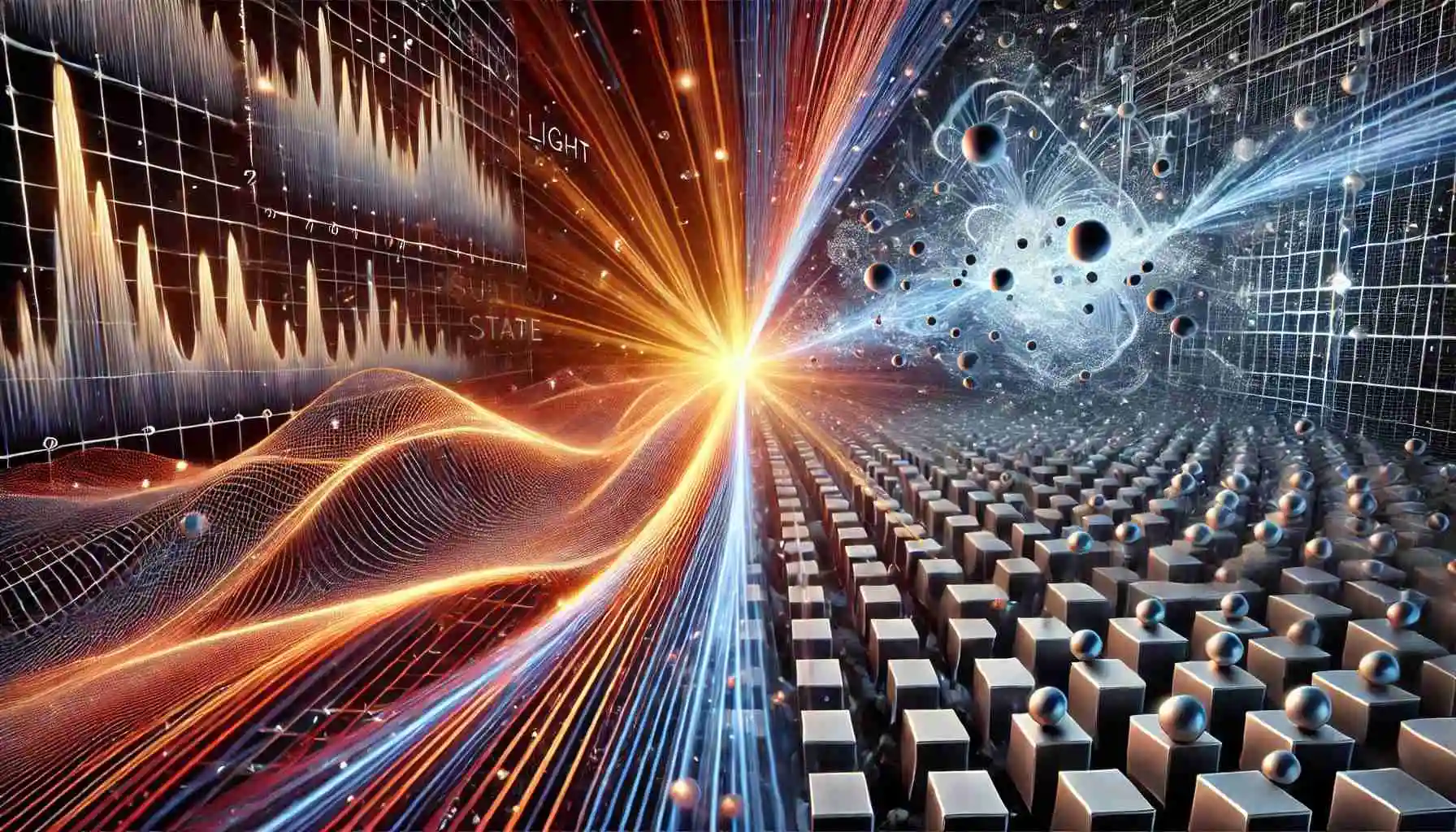 تصویری از نور به صورت موج‌ها و فوتون‌هایی که با سرعت بالا حرکت می‌کنند، در مقابل ماده جامد با ساختاری متراکم از اتم‌ها، با تم کوانتومی و ترکیبی از رنگ‌های تاریک و روشن.