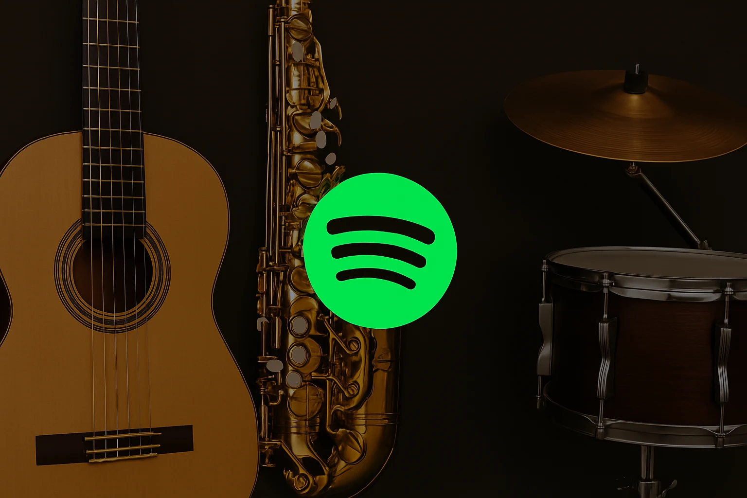 تصویری از لوگو اسپاتیفای در کنار چند گیتار