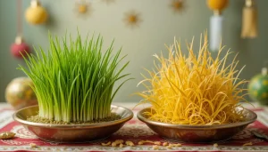 چرا سبزه عید زرد میشه؟ مقایسه‌ی کنارهم دو سبزه‌ی عید؛ یکی سبز و شاداب، دیگری زرد و پژمرده.