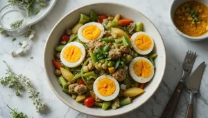 غذای رژیمی برای ناهار: خوراک سبزیجات بخارپز با تخم‌مرغ آب‌پز