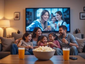 خانواده‌‌ی خوشحال در حال تماشای لیست 10 فیلم جذاب برای عید امسال