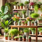 مشکلات گلهای آپارتمانی در محیط داخلی، با گیاهان آپارتمانی متنوع در گلدان‌های رنگارنگ، شامل سرخس‌ها، ساکولنت‌ها و گیاهان گل‌دار که به زیبایی بر روی قفسه‌ها و میزها چیده شده‌اند.