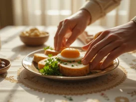 "دست در حال چیدن سریع سفره افطاری با نون و پنیر، تخم‌مرغ آب‌پز، سبزی و خرما برای جواب به افطاری چی درست کنم در روزهای شلوغ