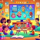 کودکان در حال تماشای کارتون های آموزشی بر روی یک صفحه نمایش بزرگ در یک اتاق نشیمن دنج.