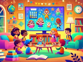 کودکان در حال تماشای کارتون های آموزشی بر روی یک صفحه نمایش بزرگ در یک اتاق نشیمن دنج.