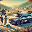 خودروی خانوادگی مدرن در ایران، پارک‌شده در کنار جاده‌ای زیبا با خانواده‌ای که آماده سفر هستند