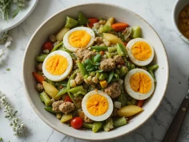 غذای رژیمی برای ناهار: خوراک سبزیجات بخارپز با تخم‌مرغ آب‌پز