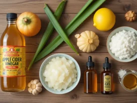 مواد طبیعی برای درمان میخچه بدون درد، شامل سرکه سیب، آلوئه‌ورا، سیر، لیمو و روغن‌ها روی سطح چوبی.