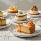 چیدمانی زیبا از دسرهای جدید سال ۱۴۰۴، شامل چیزکیک ماچا، تارت شکلات و کارامل، پاناکوتای زعفرانی، تیرامیسوی نارگیل و موس شکلات و پرتقال.