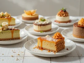 چیدمانی زیبا از دسرهای جدید سال ۱۴۰۴، شامل چیزکیک ماچا، تارت شکلات و کارامل، پاناکوتای زعفرانی، تیرامیسوی نارگیل و موس شکلات و پرتقال.