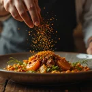 راز های خوشمزه‌ تر شدن غذا،دست سرآشپز در حال ریختن ادویه روی بشقاب غذای حرفه‌ ای