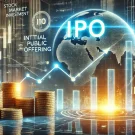 سرمایه‌گذاری در بورس و عرضه اولیه سهام (IPO) با نمایش نمودار رشد بازار سهام، سکه‌های روی هم چیده شده و نماد درخشان IPO.