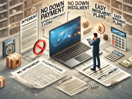 فردی در حال بررسی شرایط خرید لپ تاپ قسطی بدون پیش‌پرداخت در یک فروشگاه یا آنلاین.