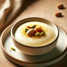 تصویر یک کاسه ساده از فرنی با گلاب و زعفران،به عنوان غذای افطاری با بافتی نرم و کرمی به همراه خلال پسته و بادام و کمی زعفران بر روی آن، در پس‌زمینه‌ای گرم و مینیمال.