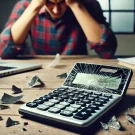 ماشین حساب شکسته با صفحه نمایش ترک‌خورده و دکمه‌های خرد شده روی میز