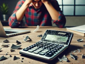 ماشین حساب شکسته با صفحه نمایش ترک‌خورده و دکمه‌های خرد شده روی میز