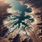 نمای هوایی واقعی که خشک شدن دریاچه ارومیه را نشان میدهد . ، نشان‌دهنده مناطق خشک‌شده و تکه‌های باقی‌مانده از آب، محصور شده با زمین‌های بایر و دشت‌های نمکی.