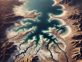 نمای هوایی واقعی که خشک شدن دریاچه ارومیه را نشان میدهد . ، نشان‌دهنده مناطق خشک‌شده و تکه‌های باقی‌مانده از آب، محصور شده با زمین‌های بایر و دشت‌های نمکی.