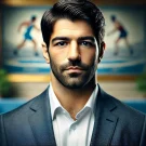 پرتره رسمی علیرضا دبیر، کشتی‌گیر برجسته و سیاست‌مدار ایرانی، که نمایانگر تأثیر او در عرصه‌های ورزشی و سیاسی است.