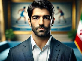 پرتره رسمی علیرضا دبیر، کشتی‌گیر برجسته و سیاست‌مدار ایرانی، که نمایانگر تأثیر او در عرصه‌های ورزشی و سیاسی است.