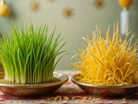 چرا سبزه عید زرد میشه؟ مقایسه‌ی کنارهم دو سبزه‌ی عید؛ یکی سبز و شاداب، دیگری زرد و پژمرده.