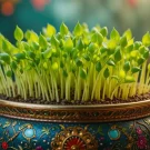 ظرفی تزئین‌شده با سبزه‌های سبز و شاداب که نماد نوروز است.در مقاله چطور سبزه عید بکاریم