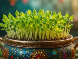 ظرفی تزئین‌شده با سبزه‌های سبز و شاداب که نماد نوروز است.در مقاله چطور سبزه عید بکاریم