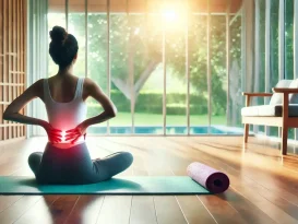 کمردرد با ورزش یوگا. تصویری از فردی که در محیطی آرام و روشن روی یک مت یوگا، تمرین‌های کاهش کمردرد مانند حرکت کبری یا کودک را انجام می‌دهد.